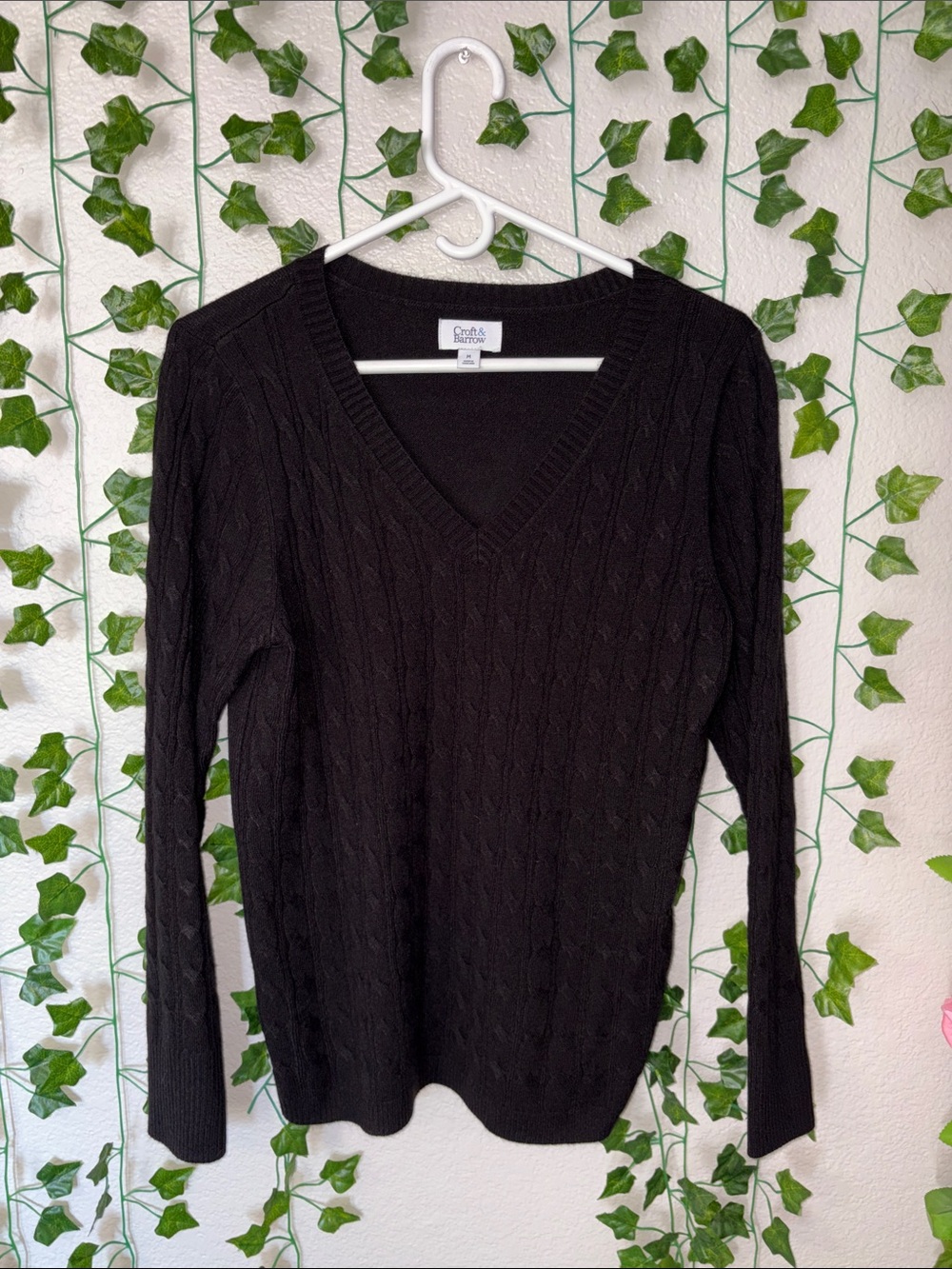 croft & barrow Black V-Neck Cable Knit Sweater